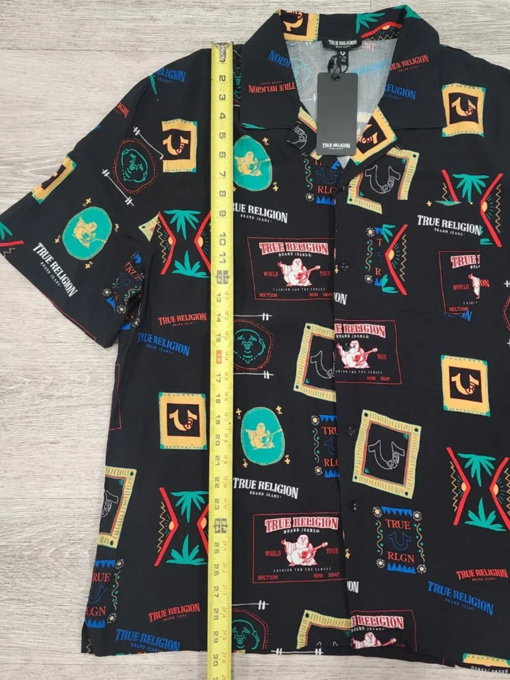 True Religion Camp Collared Resort Short Sleeve Shirt Men's XL Jet Black Buddha